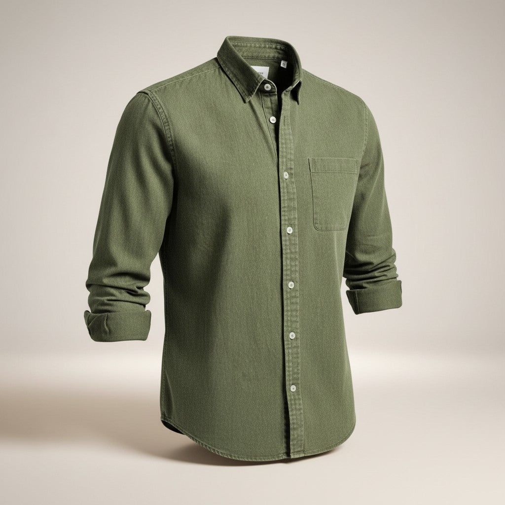 Men's slim fit long sleeve button-up shirt, solid olive green with chest pocket