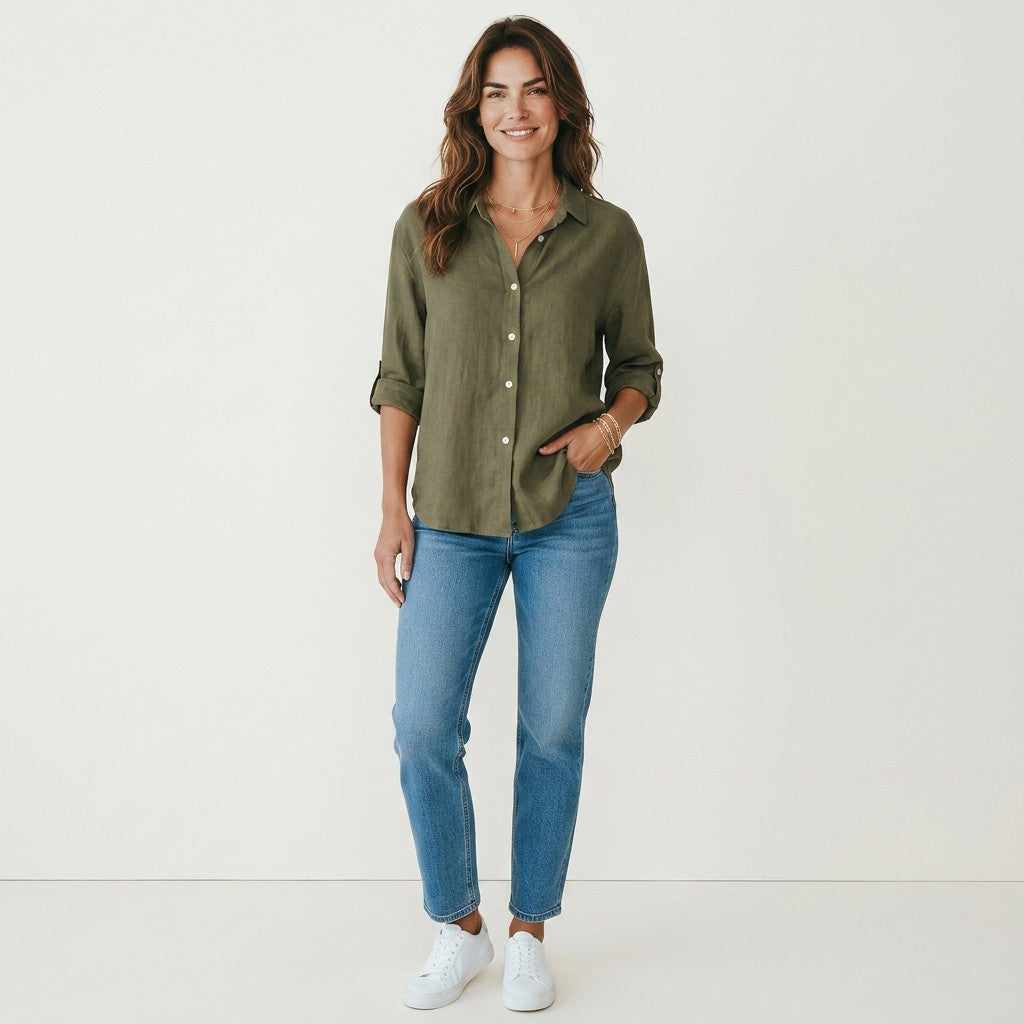 Green linen-cotton blend button-up shirt with three-quarter sleeves