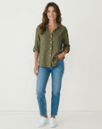 Green linen-cotton blend button-up shirt with three-quarter sleeves