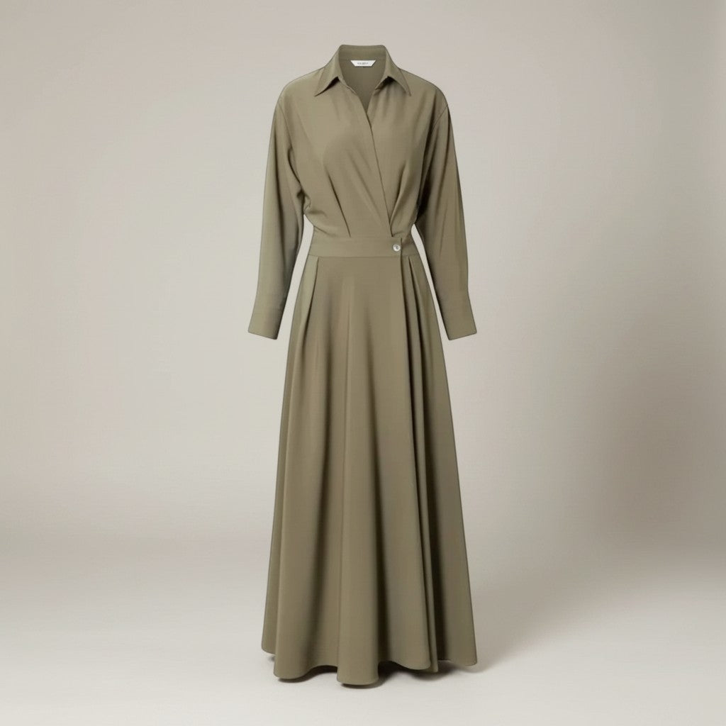 Sage green midi shirt dress with three-quarter sleeves, button front, and belt