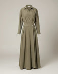 Sage green midi shirt dress with three-quarter sleeves, button front, and belt