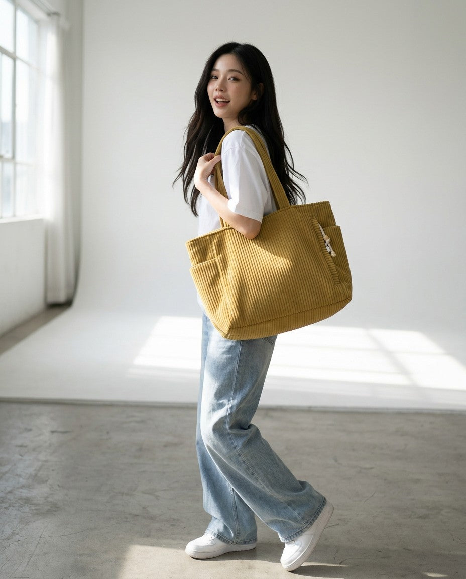 Corduroy tote bag in dark yellow with ribbed texture and two top handles
