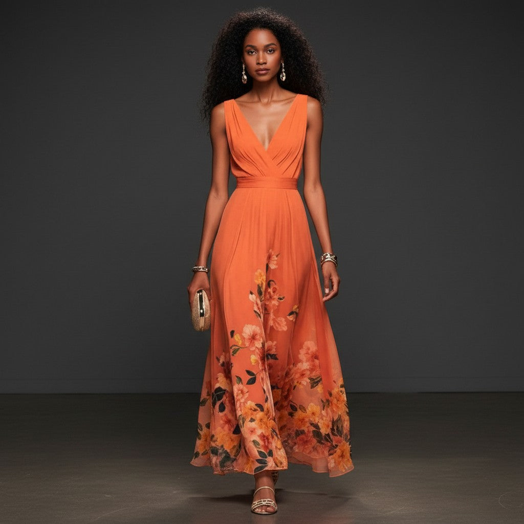 Orange sleeveless V-neck maxi dress with floral panel hem and gathered waist