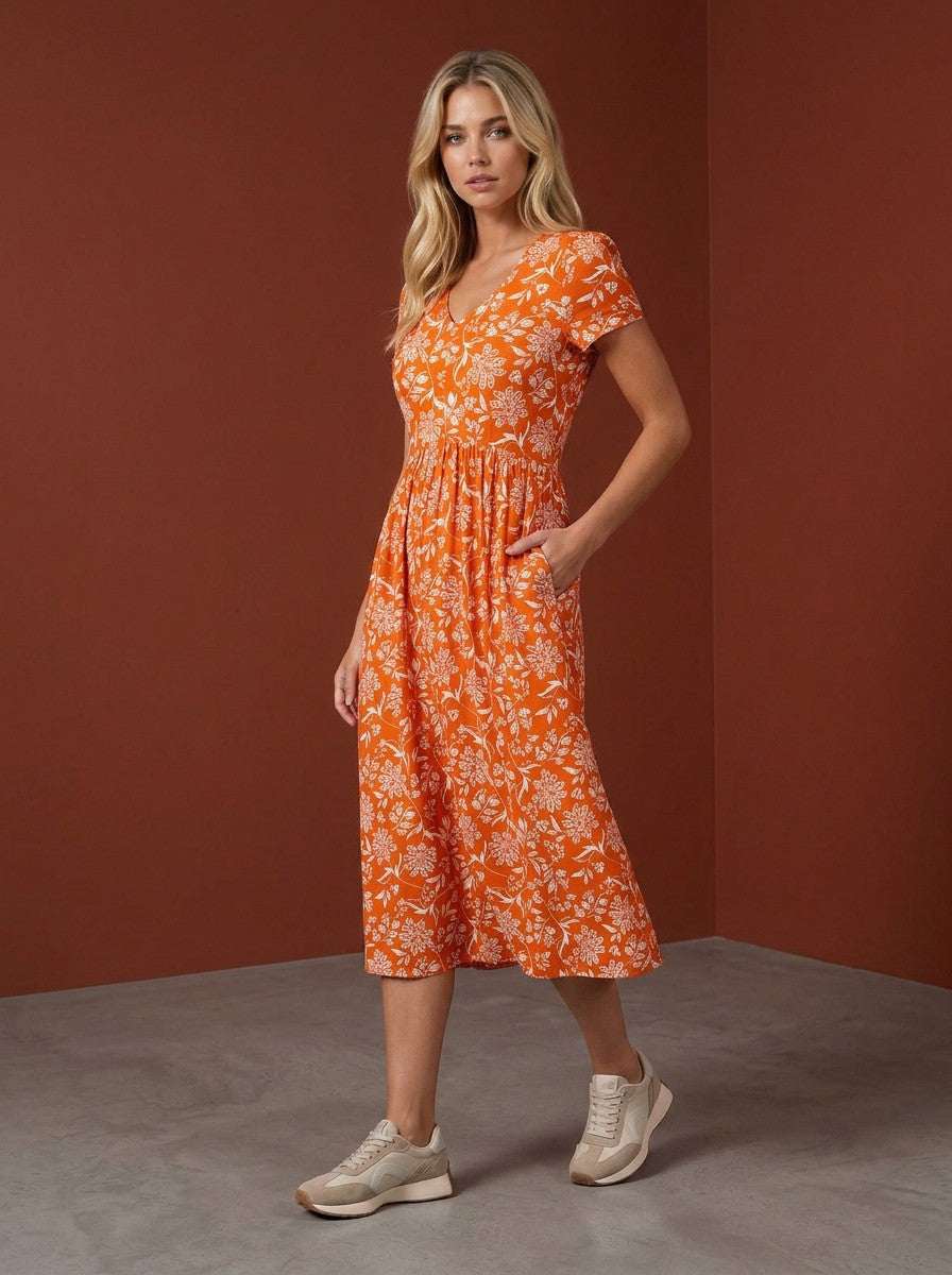Women's Lightweight Floral Print Midi Dress | Vibrant Orange Casual Wear 3