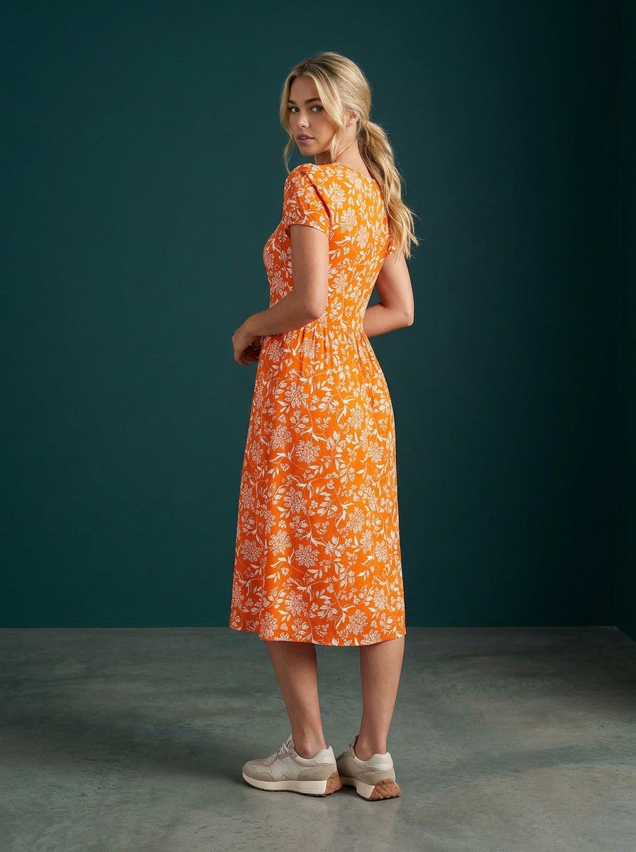 Women's Lightweight Floral Print Midi Dress | Vibrant Orange Casual Wear 2