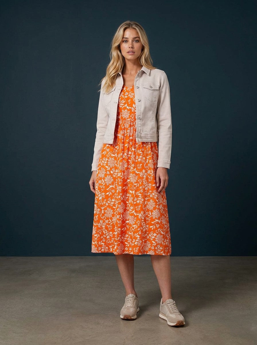 Women's Lightweight Floral Print Midi Dress | Vibrant Orange Casual Wear 1