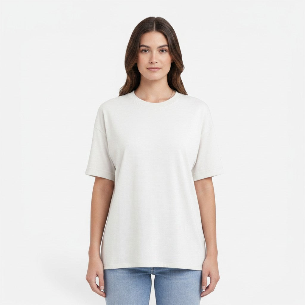 Women's cotton T-shirt, white, crew neck, short sleeves, straight relaxed silhouette