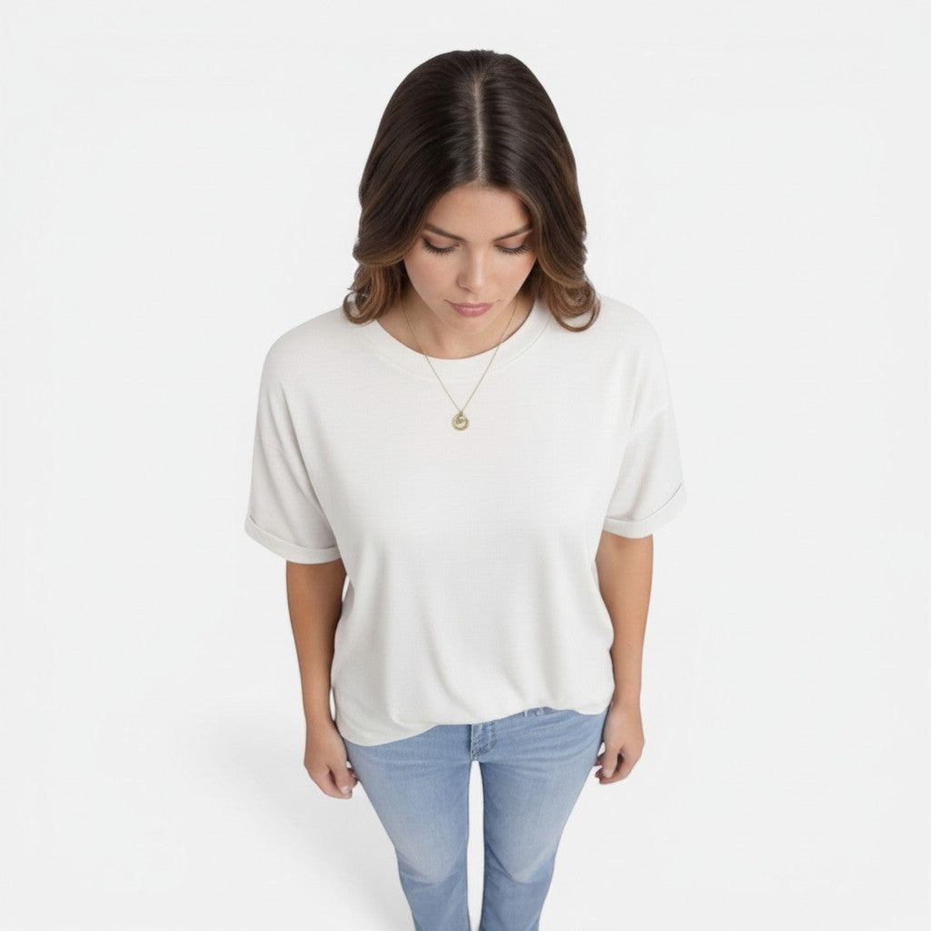 Women's cotton T-shirt, white, crew neck, short sleeves, loose drape