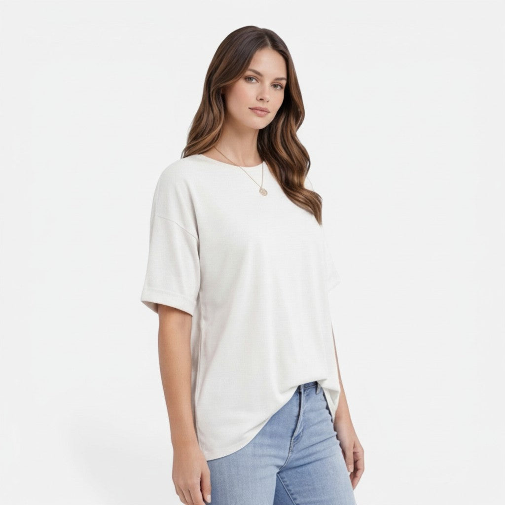 Women's cotton T-shirt, white, crew neck, short sleeves, draped oversized fit