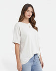 Women's cotton T-shirt, white, crew neck, short sleeves, draped oversized fit