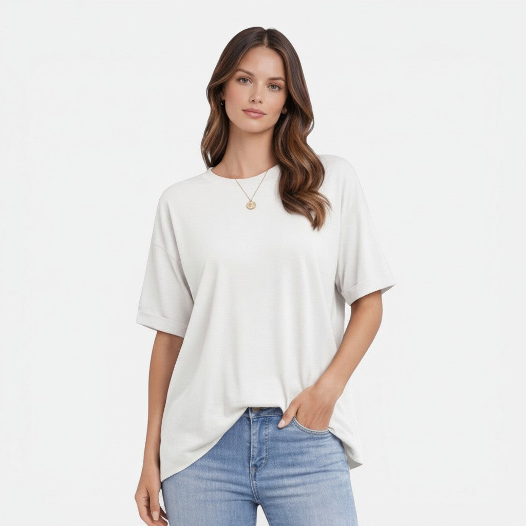 Women's cotton T-shirt, white, crew neck, short sleeves, relaxed oversized fit