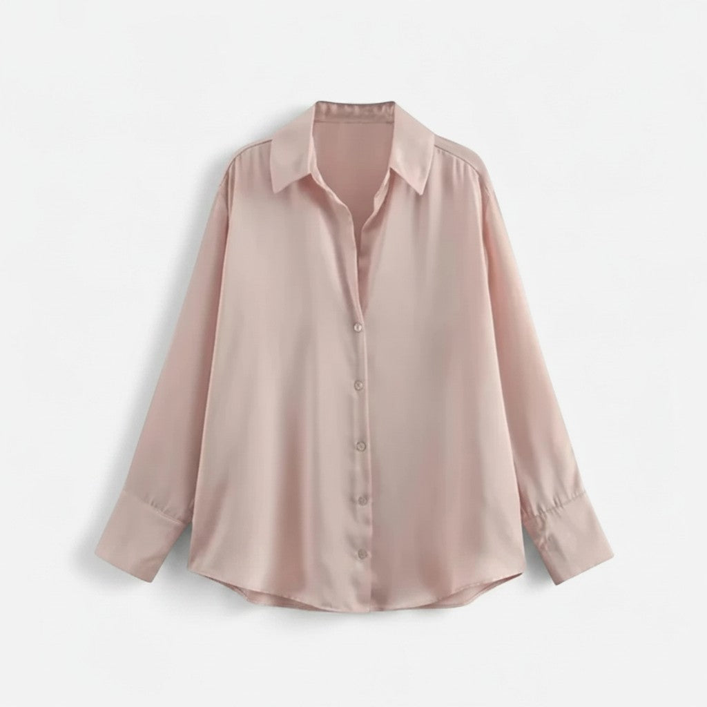 Light pink long-sleeve button-up blouse with collared neckline and button front