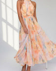 Women’s pastel floral halter maxi dress, sleeveless with pleated full skirt