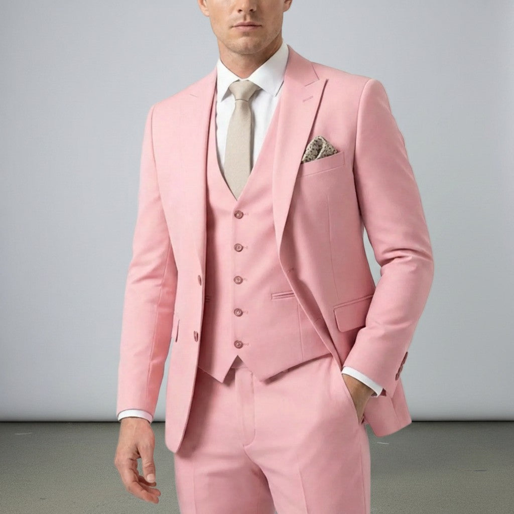 Pink three-piece suit set with tailored jacket, waistcoat, and matching trousers