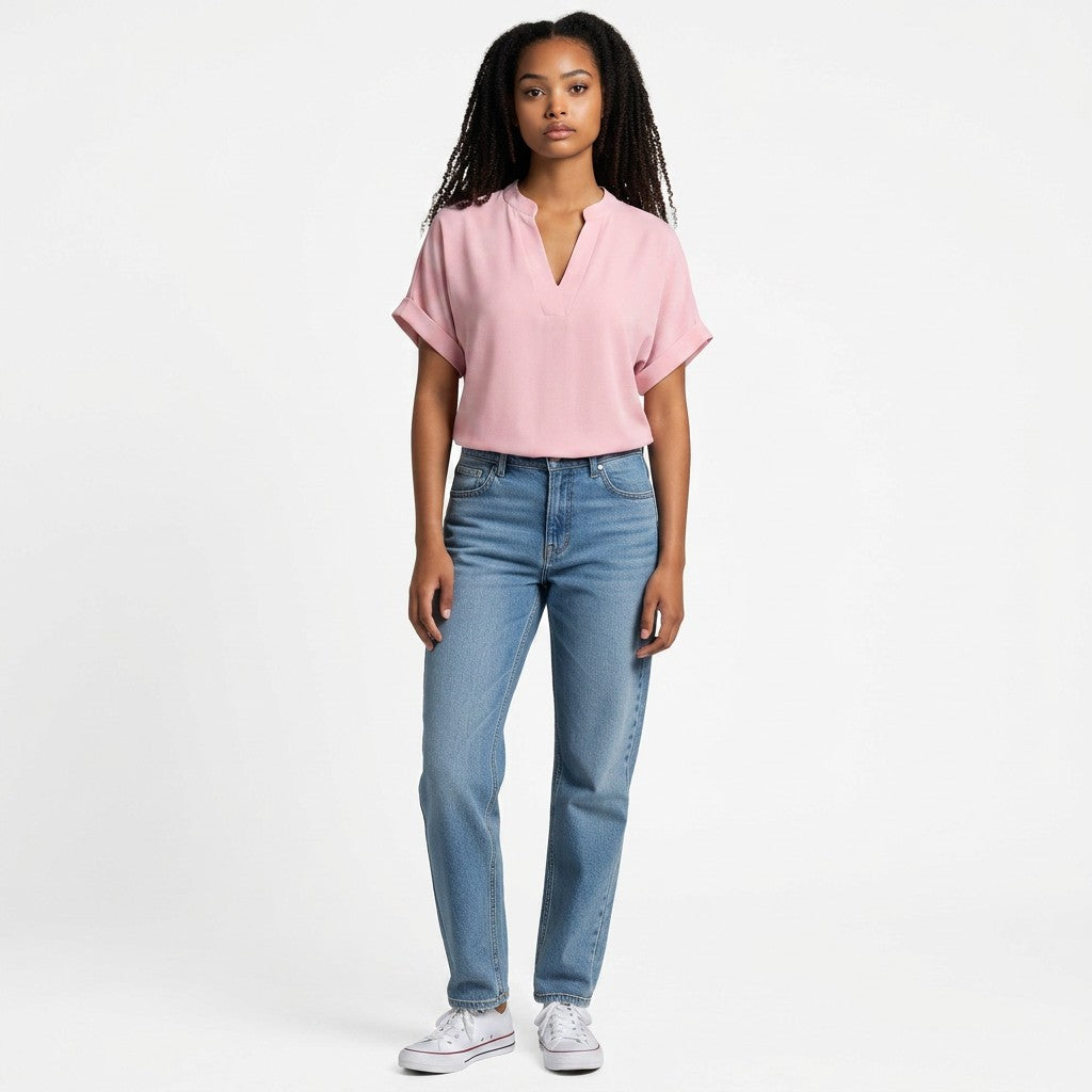 Light pink lightweight chiffon blouse with V-neck and flutter short sleeves