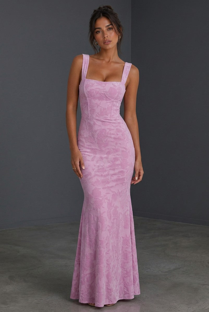 Lilac jacquard column gown with sleeveless straps, ruched bodice, long mermaid skirt