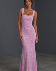 Lilac jacquard column gown with sleeveless straps, ruched bodice, long mermaid skirt
