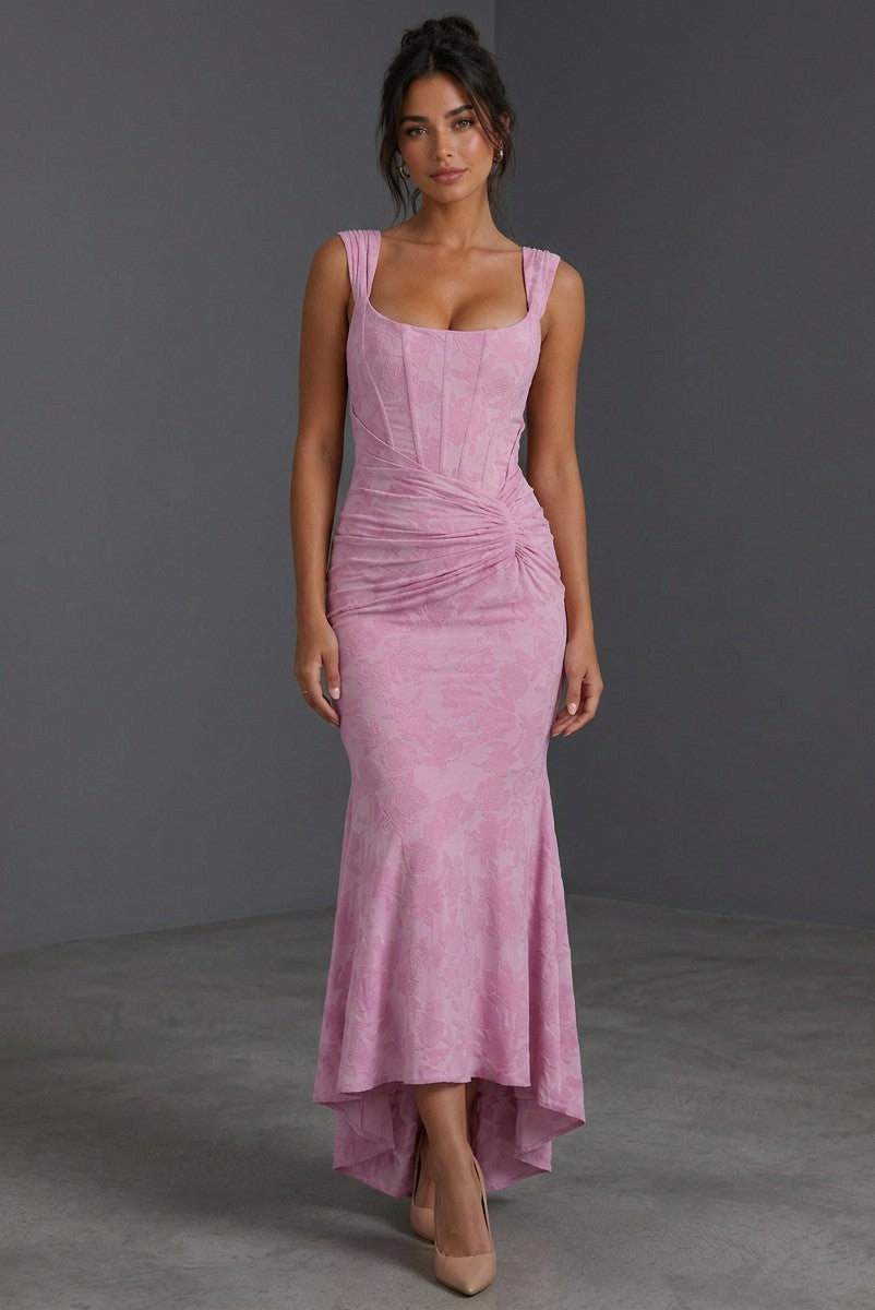 Lilac sleeveless jacquard gown with ruched fitted skirt and asymmetric mermaid hem