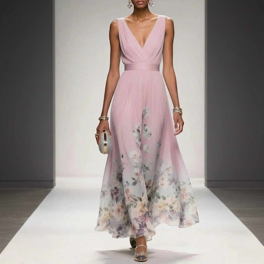 Pink sleeveless V-neck maxi dress with floral panel hem and gathered waist
