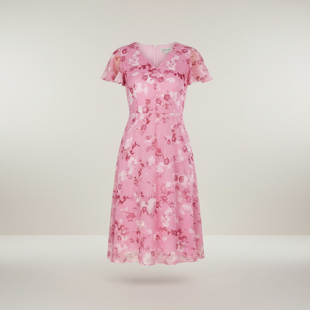 Pink floral chiffon midi dress with short sleeves and V-neck, fitted waist