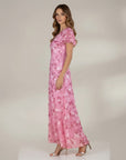 Pink floral chiffon midi dress with V-neck and flutter ruffle sleeves