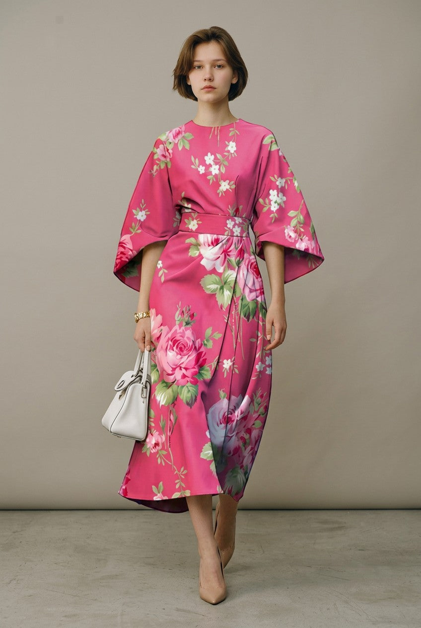 Women's Floral Wrap Dress | Elegant Kimono Sleeve Midi Dress 2
