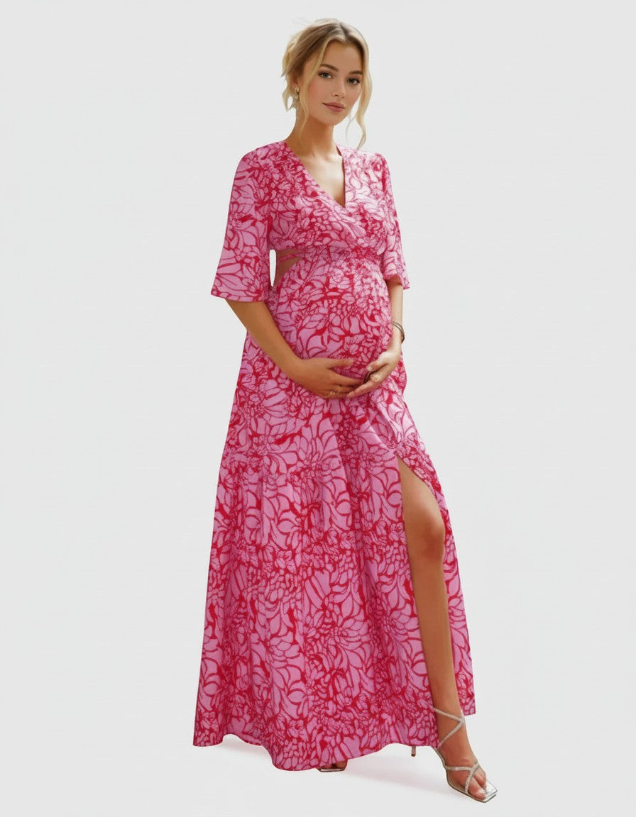 Floral chiffon maternity maxi dress in pink with white vine print, V-neck, side slit