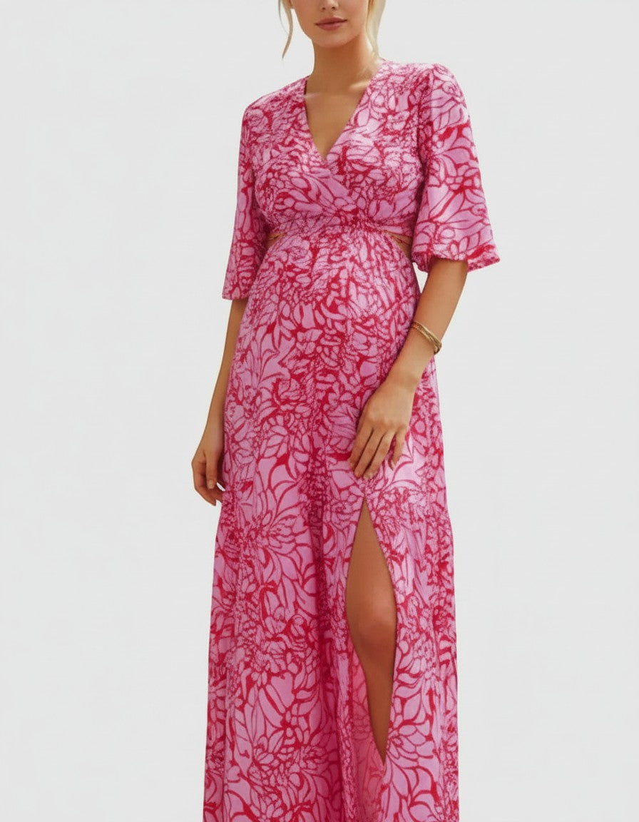 Floral chiffon maternity maxi dress, pink-and-white print, V-neck wrap with ruching, side slit
