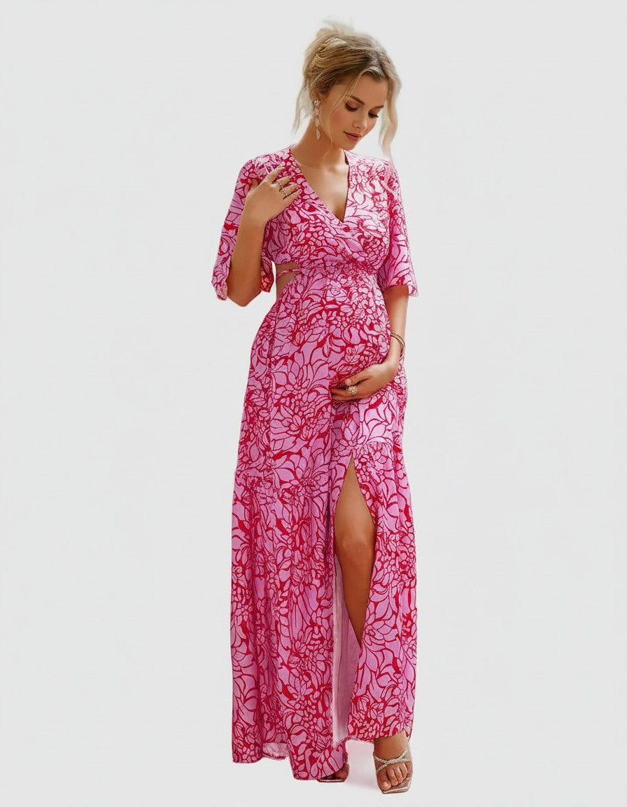 Floral chiffon maternity maxi dress, pink-and-white print, V-neck, gathered waist, front slit
