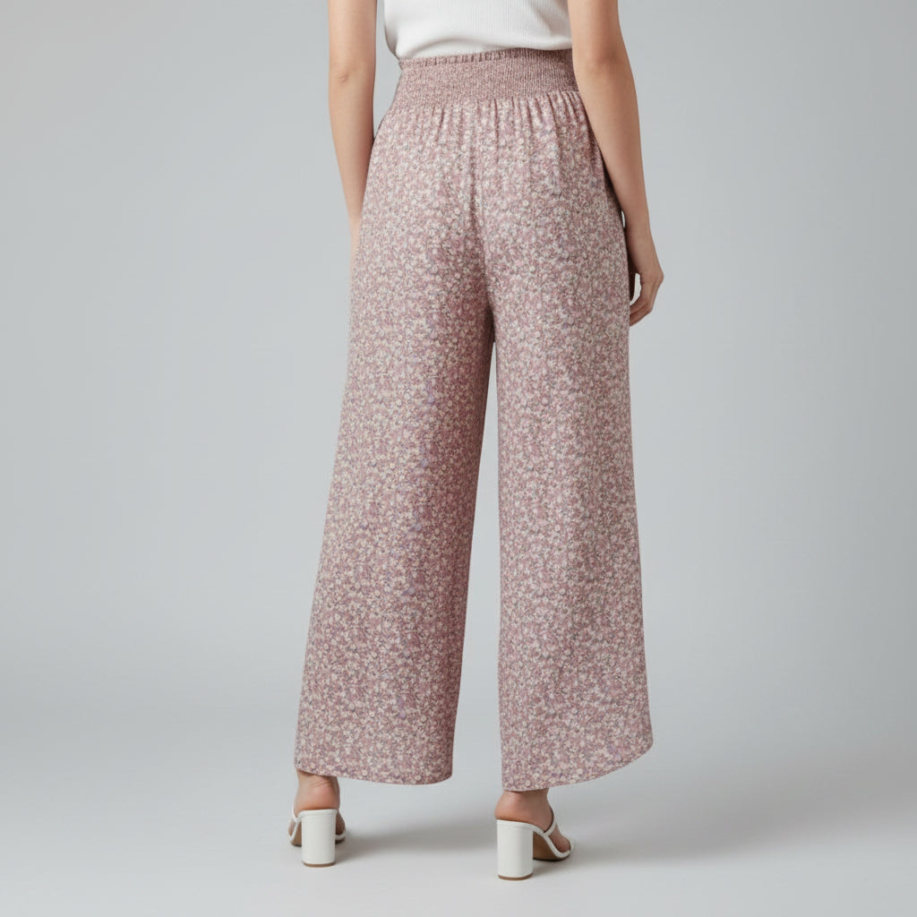 Pink printed wide-leg trousers with elastic waist and drawstring, full length
