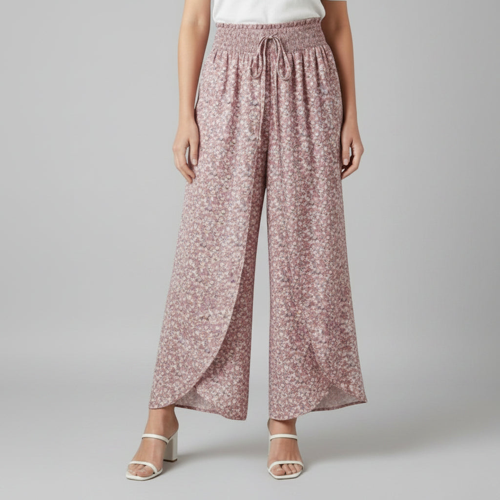 Pink printed wide-leg trousers, elasticated waistband with drawstring ties
