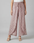 Pink printed wide-leg trousers, elasticated waistband with drawstring ties