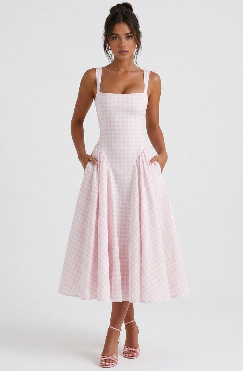 Women's Cotton Blend Gingham Midi Dress | Elegant Corset Bodice with Pockets 1