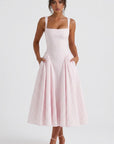 Pink gingham midi dress with square neckline, corset bodice and full gathered skirt