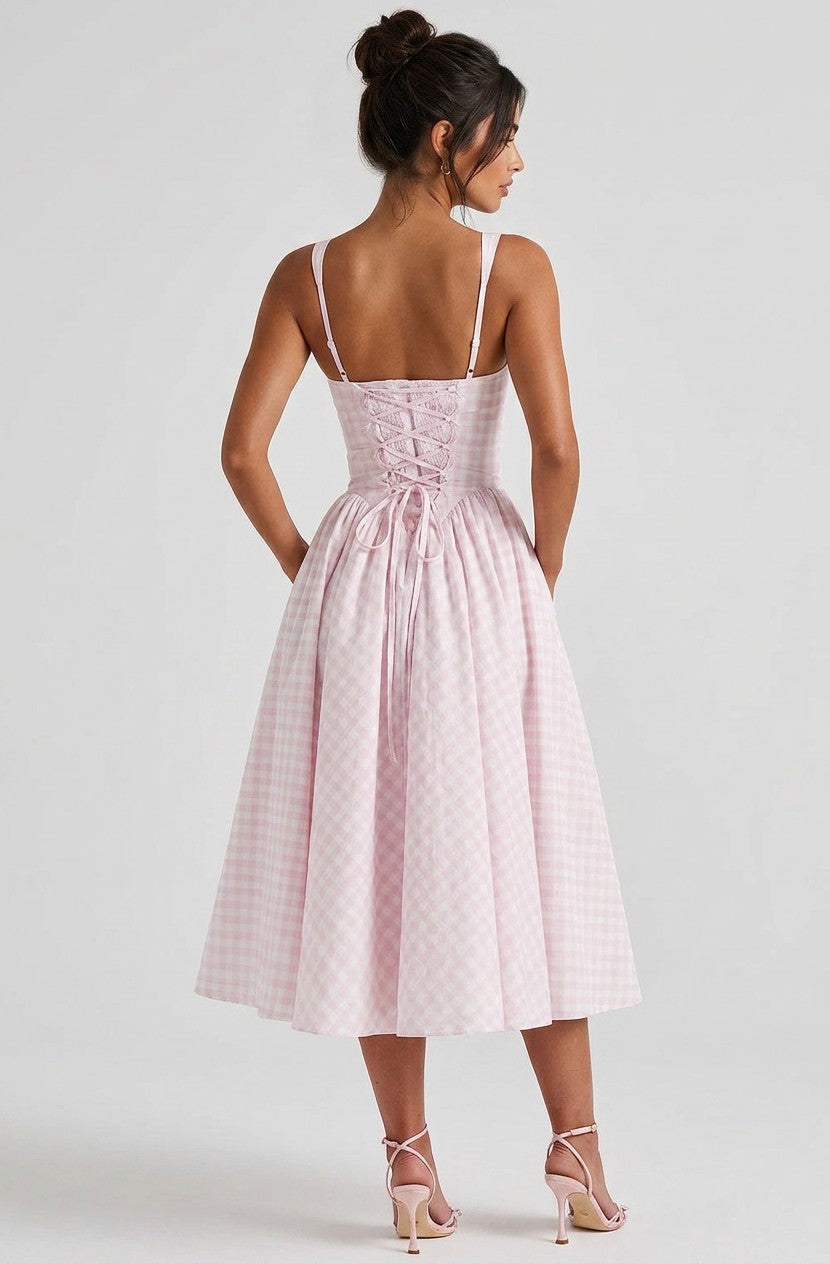 Women's Cotton Blend Gingham Midi Dress | Elegant Corset Bodice with Pockets 2
