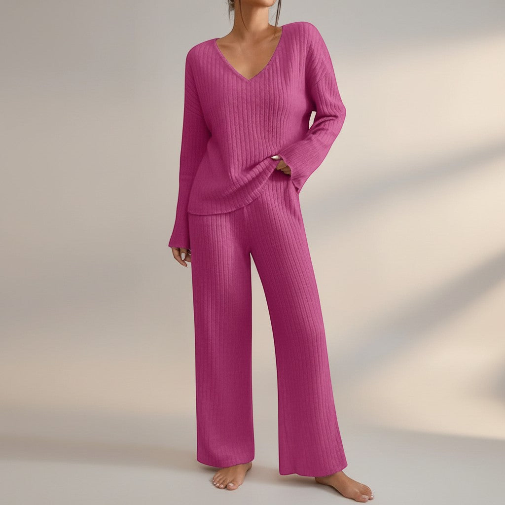 Pink ribbed knit V-neck top and wide-leg trousers lounge set