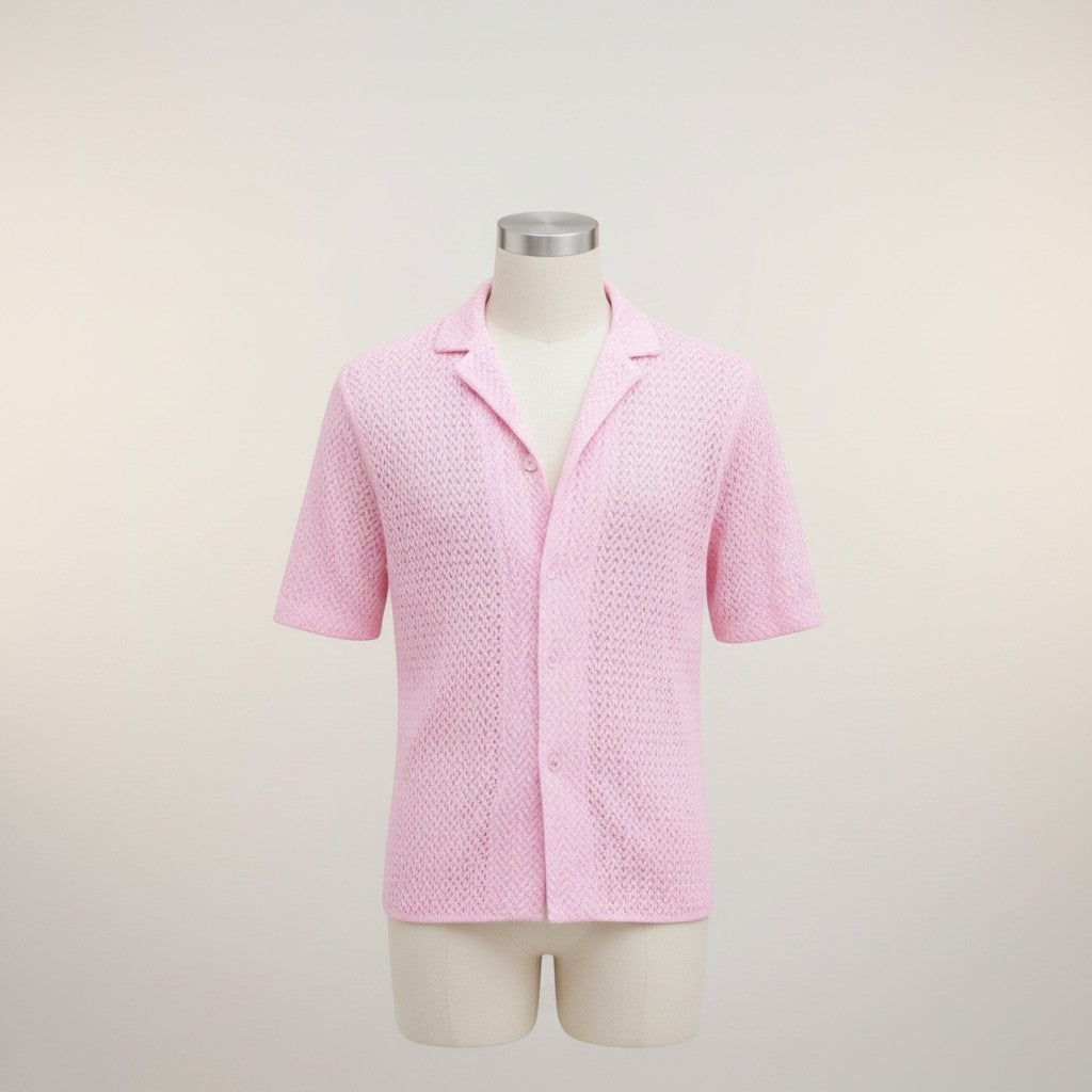 Men's pink knit short-sleeve button-up shirt, open collar, textured fabric