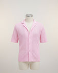 Men's pink knit short-sleeve button-up shirt, open collar, textured fabric