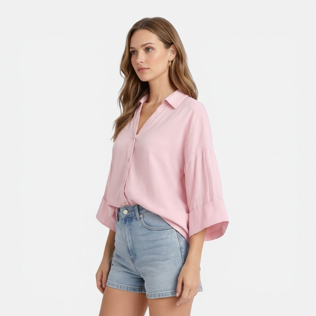 Lightweight cotton blouse, pink, relaxed fit, V-neck button front with wide short sleeves