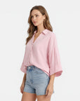 Lightweight cotton blouse, pink, relaxed fit, V-neck button front with wide short sleeves