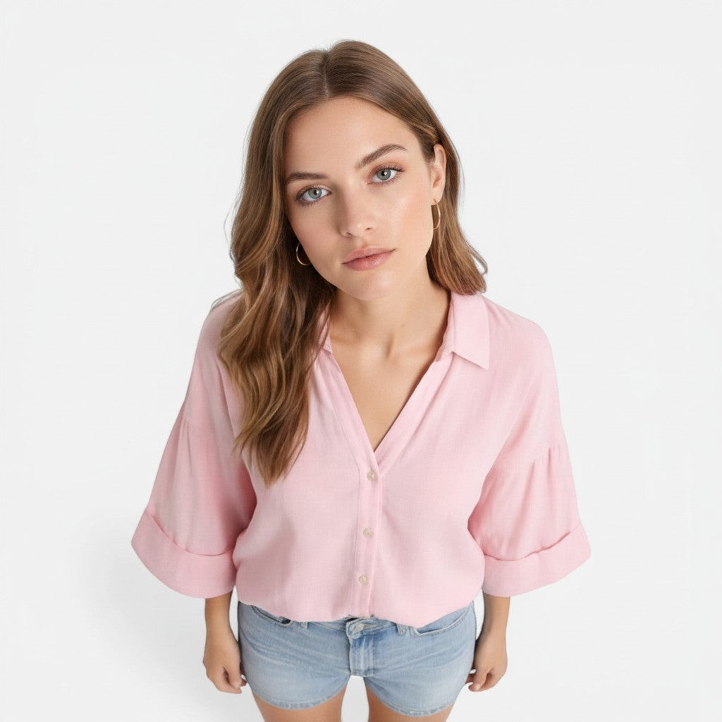 Lightweight cotton blouse, pink, relaxed fit, V-neck button front with short dolman sleeves