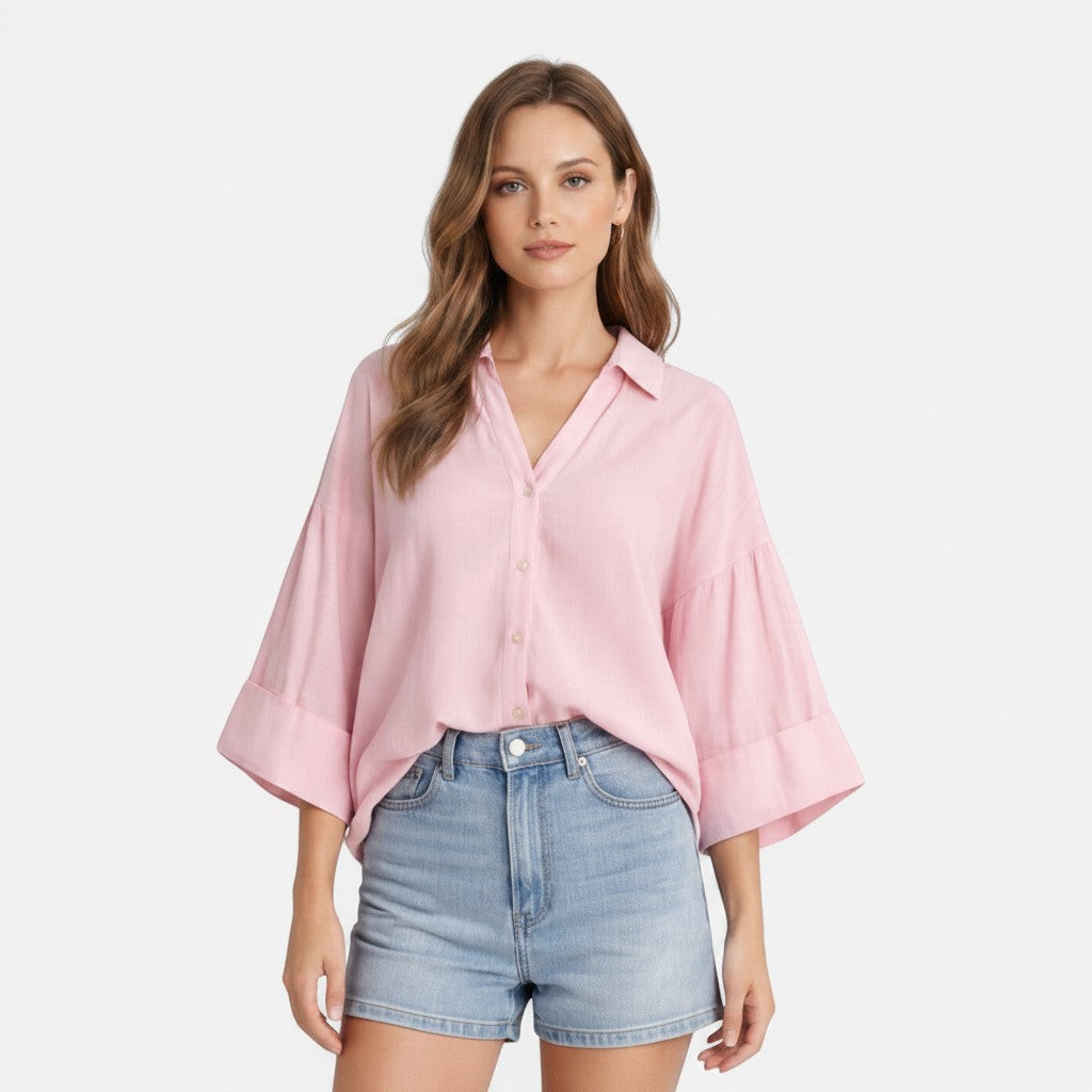 Lightweight cotton blouse, pink, relaxed fit, wide sleeves with V-neck button-front