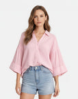Lightweight cotton blouse, pink, relaxed fit, wide sleeves with V-neck button-front