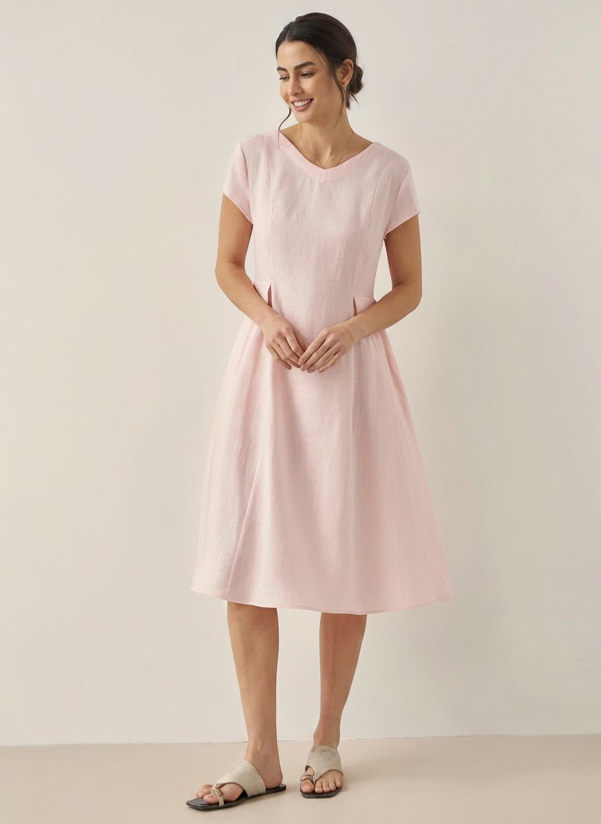 Women's Breathable Linen Midi Dress | Chic V-Neck A-Line Summer Dress with Pockets 1