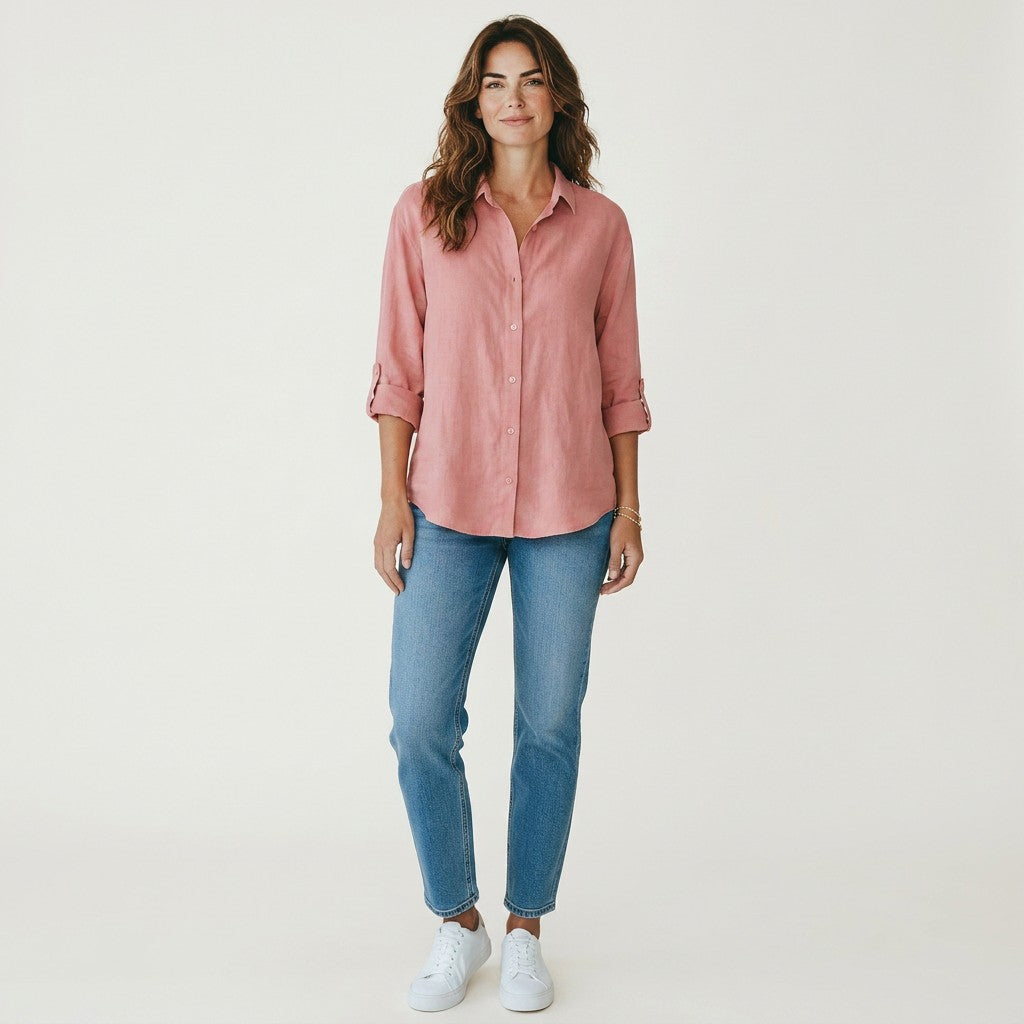 Pink linen-cotton blend button-up shirt, relaxed fit, three-quarter sleeves