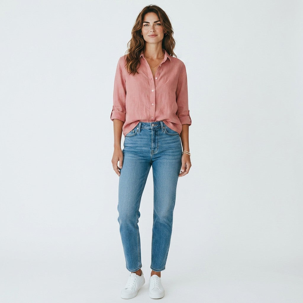 Pink linen-cotton blend button-up shirt with three-quarter sleeves and collar