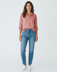 Pink linen-cotton blend button-up shirt with three-quarter sleeves and collar