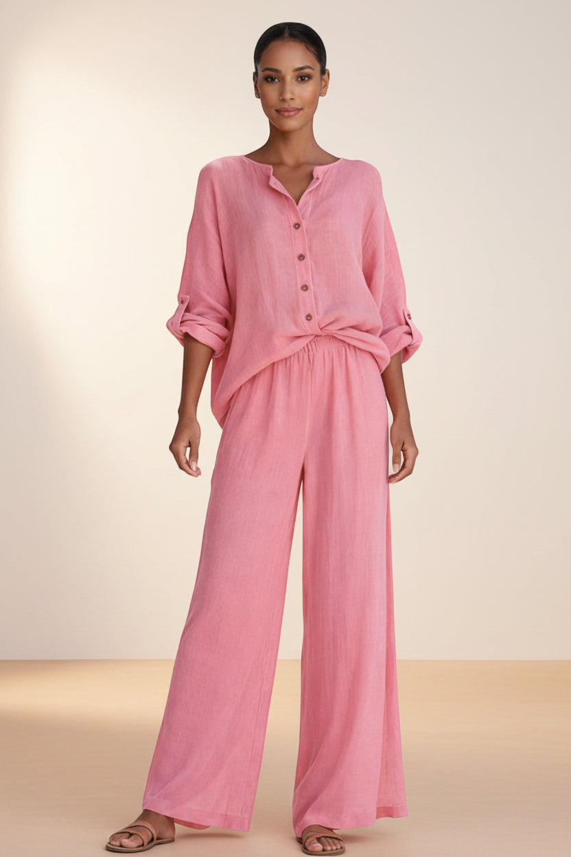 BENJAMIN LONDON pink linen blend button front blouse with rolled sleeves and wide leg trousers set.