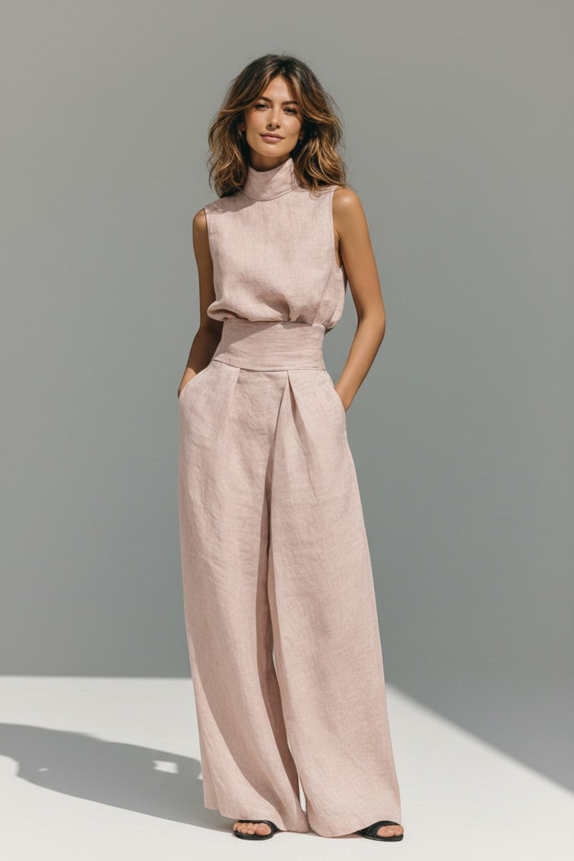 Pink sleeveless high-neck tank top and wide-leg trousers set, draped waist