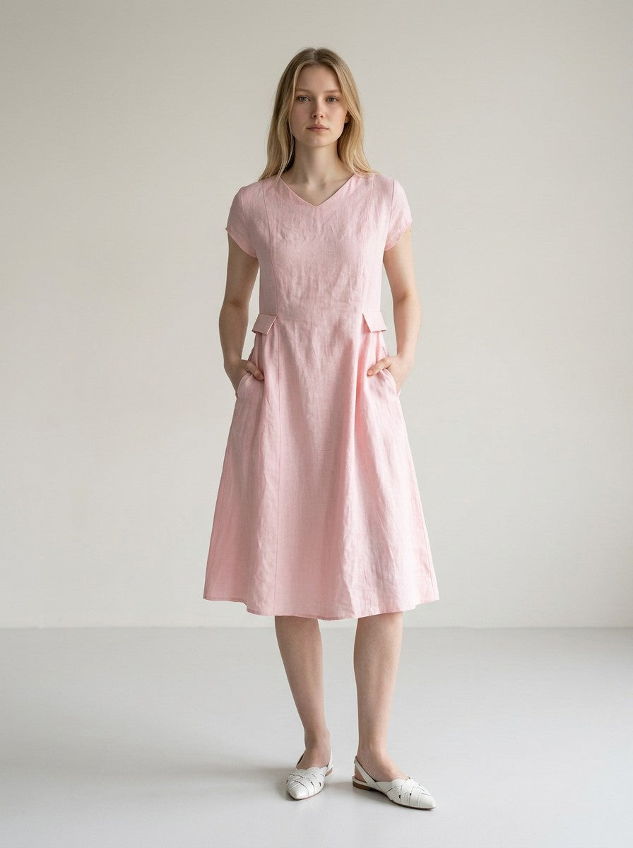 Women's Breathable Linen Midi Dress | Chic V-Neck A-Line Summer Dress with Pockets 2